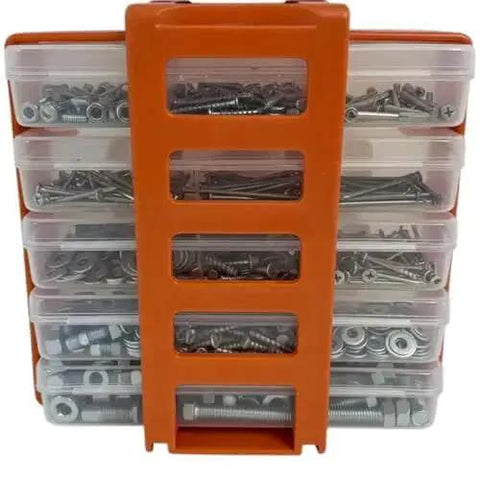 Front view of On The Go 8 Inch Portable Parts Organizer With 5 Removable Compartments, rugged industrial build, high visibility color.