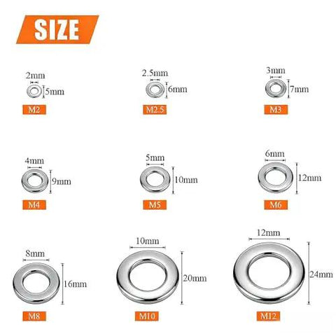 580 Pcs Stainless Steel Washer Set Flat And Spring Lock Washers 9 Sizes M2 To M10 304 Stainless Steel Corrosion Resistant