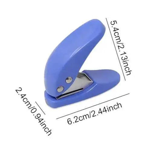 Blue handheld 6mm single hole punch with dimensions, part of the Two Pack Mini Hole Punch Set for paper, cardboard, and thin plastic.