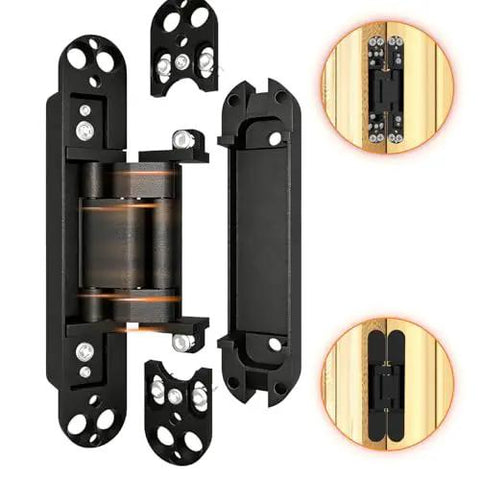 Hidden Door Hinge Set For Secret Bookcase Doors, Silent Rotating Concealed Hinges, 6 Inch, Side Mount, Three Way Adjustable
