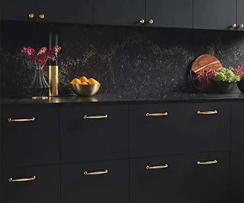 Grace Collection Barrow Pull in Honey Bronze 160mm Length for kitchen cabinets, drawers, featuring metal handles on dark cabinetry.