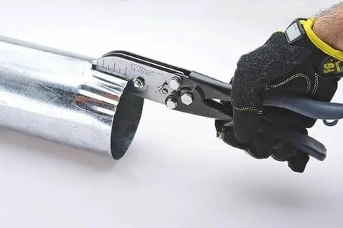 Using 10 Inch 5 Blade Hand Crimper For Gutter Fittings Downspouts And Metal Pipe, Heavy Duty Power Grip, Ergonomic Non Slip Handle