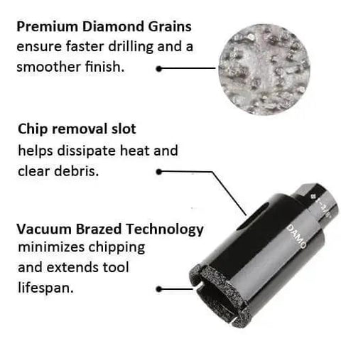 1-1/2 Inch Diamond Core Drill Bit For Porcelain Ceramic Tile Quartzite Granite Marble Stone And Brick Wet Or Dry Use Vacuum Brazed