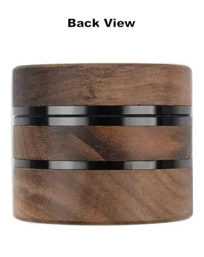 Back view of a Walnut Wood 2.5 Inch 3 Piece Spice Grinder With Aluminum Chamber Magnetic Lid Raised Storage Base No Screen
