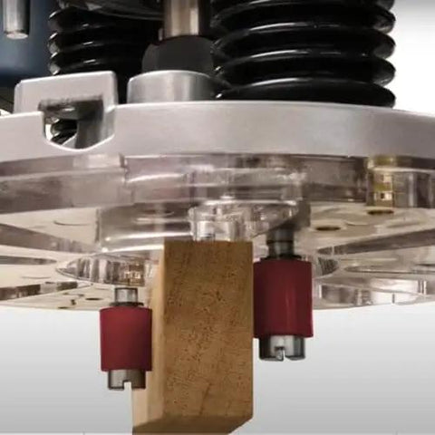Close-up of Edge And Mortise Router Guide for plunge and fixed base routers with built-in mortise guide on wood.