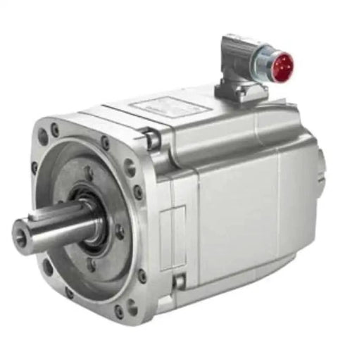 Front view of servo motor with integrated brake, silver housing and protruding drive shaft.