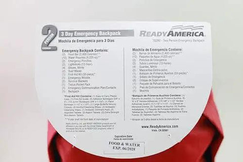 List of contents for Two Person 72 Hour Emergency Kit In A 3 Day Backpack For Camping Car Travel Earthquake And More Includes First Aid Kit