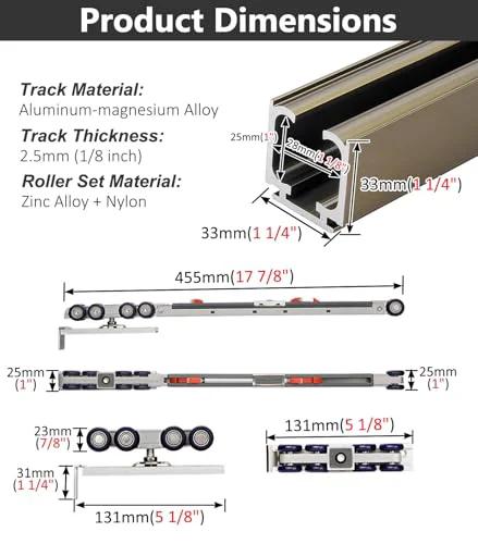 Soft Close Sliding Pocket Door Track Kit With Dual Soft Close Design, 11.2 Ft Barn Door Hardware material and dimensions chart