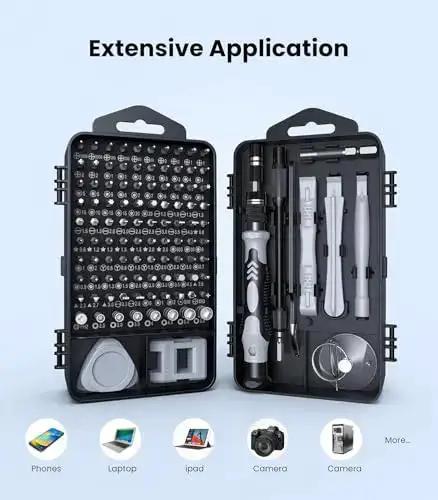 Open All In One 115 In 1 Precision Screwdriver Set With Magnetic Bits DIY Mini Repair Kit for electronics, showing bits and tools