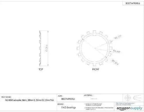 FAG MB40 lock washer, 200 mm ID, 255 mm OD, 2.5 mm thick; top and front views; Amazon Supply