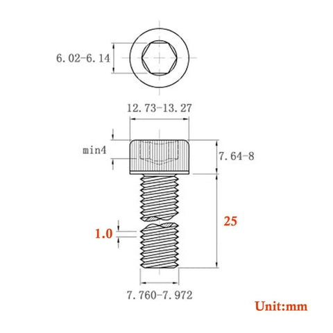 Technical diagram showing dimensions of 10 Pcs M8 Fine Thread 1.0 Pitch 25mm Hex Socket Head Cap Screws A2 Stainless Steel DIN 912 Tough Allen Bolts For Machinery Assemblies And Projects Today.