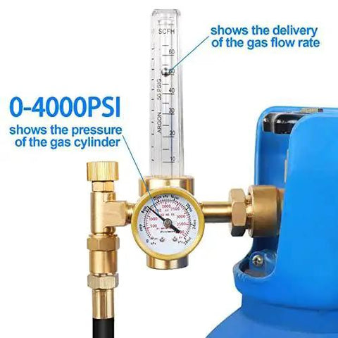 Argon Regulator For Welding With 6.6Ft Hose And CGA580 Fitting, showing pressure gauge and flow meter, compatible with helium