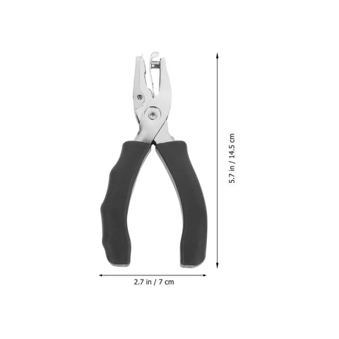 Metal Single Hole Puncher with Ergonomic Handles and Built-in Guide for Home Office Crafts, black, side view with measurements.