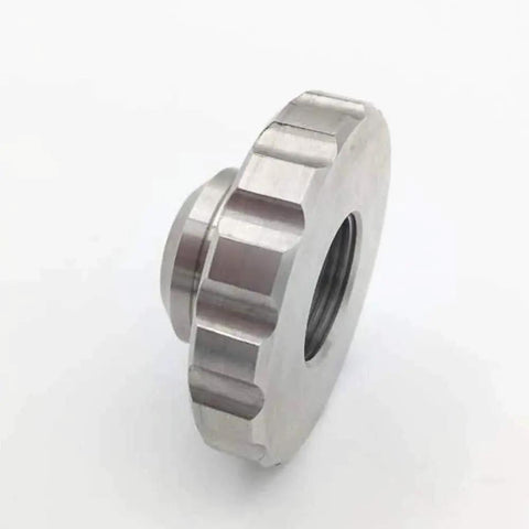 Side view of mixing chamber nut for waterjet cutting head spare parts 711589-1 premium grade replacement showing gear-like edges