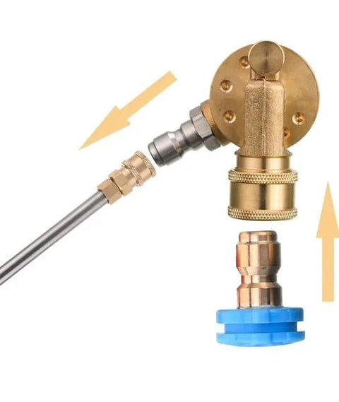 Pivoting Pressure Washer Coupler With One Quarter Inch Quick Connect For Gutter Cleaning Attachment 240 Degree Reach With Seven Angles Fits Power Washer Nozzle Up To 4500 PSI Durable Safety Gear For Hard To Reach Areas, side view showing brass pivot and quick-connect.
