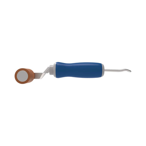 Everhard Roll-N-Chek silicone seam roller with tester probe; blue handle, brown wheel, metal shaft