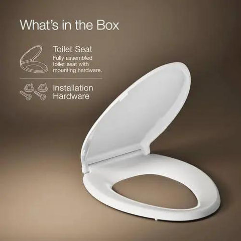 Cachet ReadyLatch Elongated Toilet Seat With Soft Close Lid And Easy Install shown with installation hardware