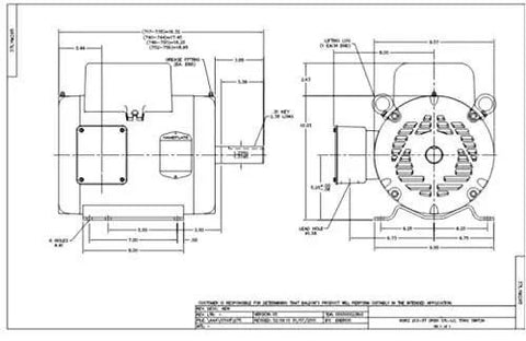 Technical diagram of 7.5HP Single Phase Compressor Duty Industrial Electric Motor 215T Frame 1750 RPM 208-230V specifications