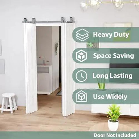 Bi-Folding Sliding Barn Door Hardware Track Kit 72 Inch For Four Doors In Black Finish installed above door frame