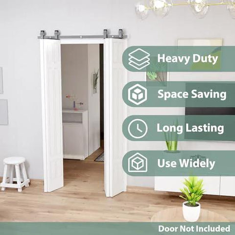 Heavy Duty Bi Folding Sliding Barn Door Hardware Kit For Four 21 Inch Panels, 88 Inch Track, Top Mount Roller System, Installed View