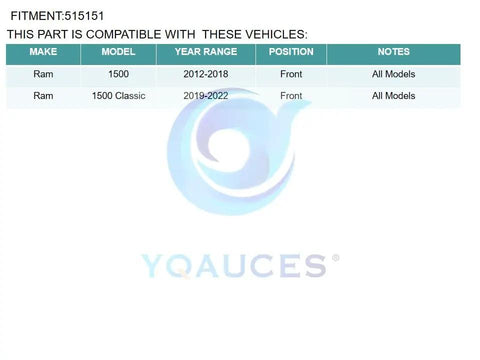 Compatibility chart for Front Wheel Hub And Bearing Assembly for Dodge Ram 1500 2012 2018 and Ram 1500 Classic 2019 2022 with 5 Lug ABS