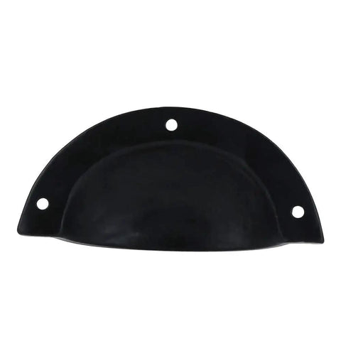 Front view of a single cast iron cup drawer pull from a set of 10 with black coated finish. Dimensions: 3.75 x 1.63 inches, 3.25-inch cup diameter.
