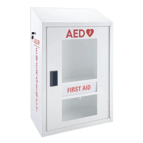 Heavy Duty AED Cabinet With Alarm And Dual Storage For First Aid Kit, Wall Mount Steel Locker, visible signage, front view