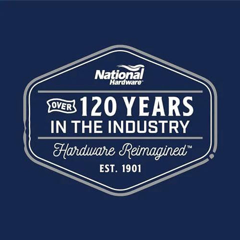 National Hardware logo badge on blue background with white text celebrating 120 years in the industry.