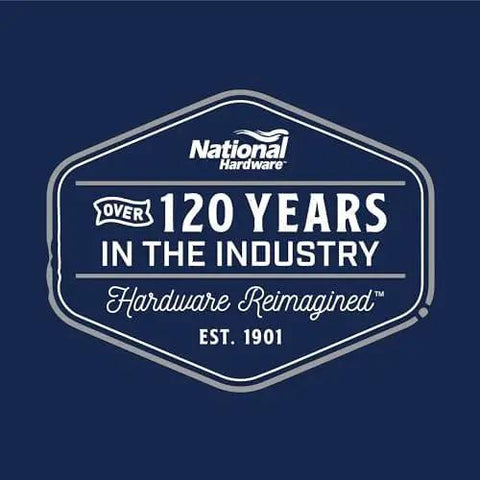 National Hardware logo with text 'Over 120 Years in the Industry, Hardware Reimagined, Est. 1901' on dark blue background.