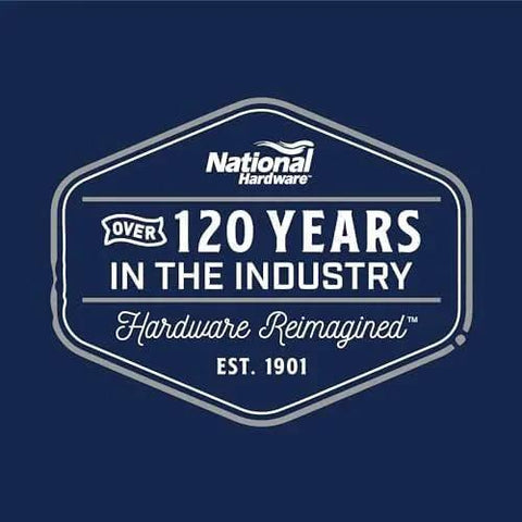 National Hardware logo celebrating over 120 years in the industry since 1901, with tagline 'Hardware Reimagined' on a blue background.