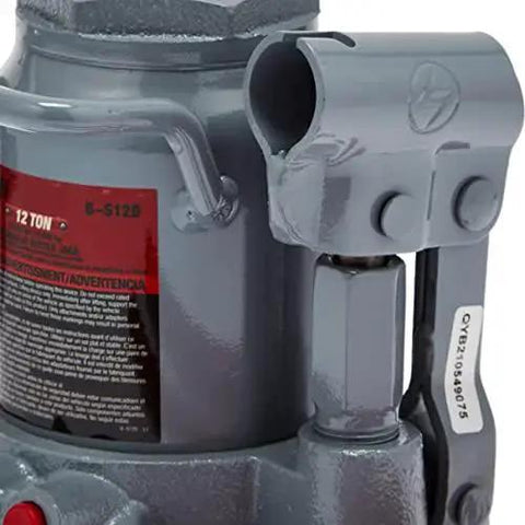Close-up view of a 12 Ton Hydraulic Bottle Jack With Steel Lifting Saddle And Extension Screw For Precise Height Adjustment.