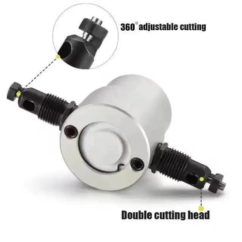 Heavy Duty Double Headed Sheet Metal Cutter with adjustable cutting heads and 360-degree maneuverability, tools visible.