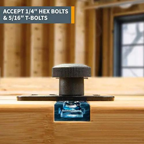 Side view of Toggle Clamp Mounting Plate Kit with Round 5/16-18 Knobs and T-Bolts for T-Track Accessories installed in wood.