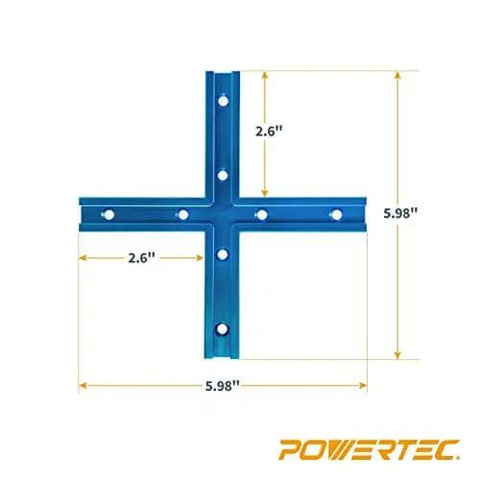 Image of a blue 3-inch T-track intersection kit showing dimensions for the Six 48-Inch Universal T-Track Bars With Double-Cut Profile