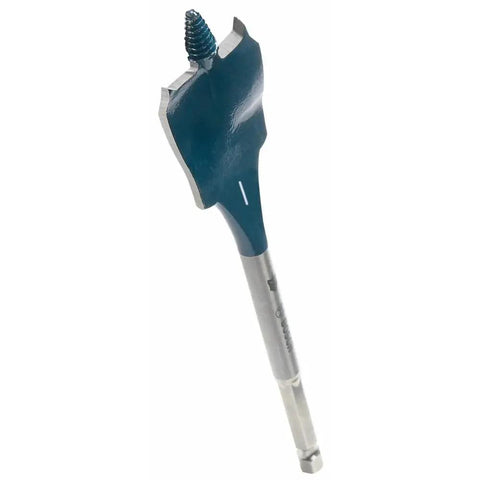 Close-up of Daredevil Standard Spade Bit 1 Inch By 6 Inch For Quick Drilling And Clean Holes With Full Cone Threaded Tip and metal shank.