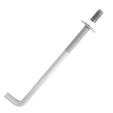 Five Eighth Inch By Eight Inch Concrete Anchor Bolts L Shaped, 10 Pack, Hot Dip Galvanized, Carbon Steel With Nuts And USS Washers, For Attaching Bottom Plates And Sill Plates To Concrete Or Masonry Outdoors, shown in angled view.