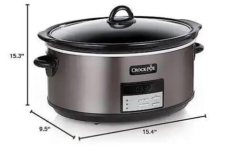 Front view of 8-Quart Go-To Programmable Slow Cooker with Auto Warm, digital timer, and easy cleanup in black stainless steel.