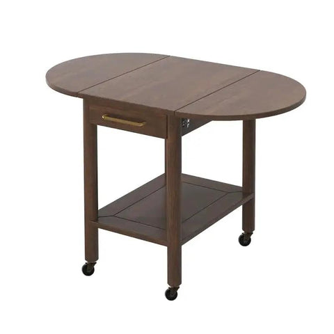 Wooden table with drop-leaf design and lower shelf on metal caster wheels
