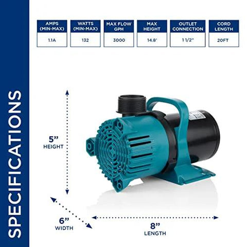 Alpine PEG3000 submersible pond pump teal and black, 3000 GPH, 1/2-in outlet, 20 ft cord.