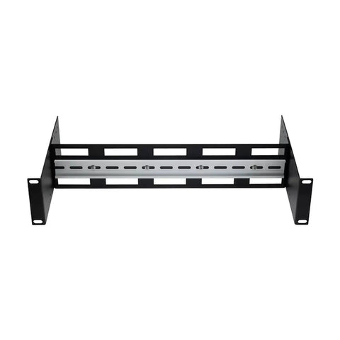 2U 19 Inch Din Rail Chassis Bracket Depth Adjustable Rackmount Kit In Aluminum front view, showing mounting slots and design.