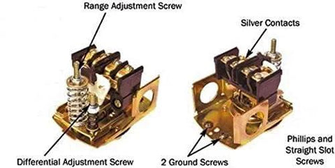 Amazon Merrill MPS4060 water well pressure switch, front view showing range and differential adjustment screws