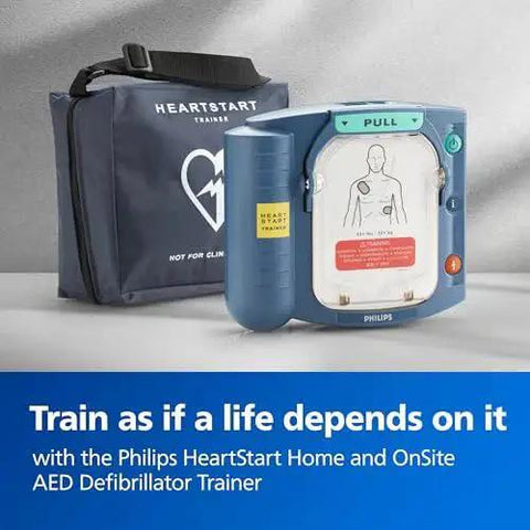 HeartStart AED Defibrillator Training Kit With Zippered Carry Case for realistic CPR and therapy training scenarios, shown front view.