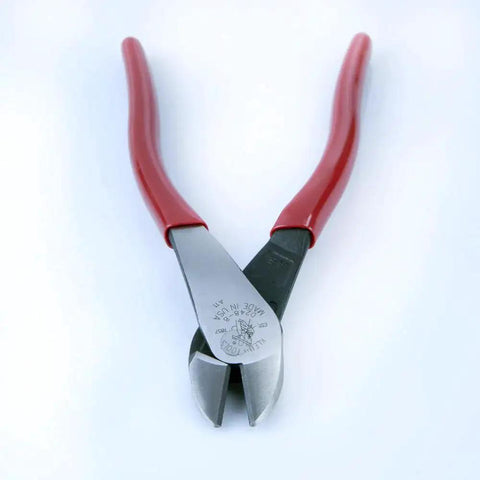 Front view of Angled-Head Diagonal Cutting Pliers For Tight Spaces With High-Leverage And Short Jaw 8-Inch Multi-Purpose Wire Cutters Made In USA Klein Tools
