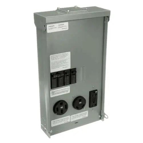 Weatherproof Single-Unit RV Power Outlet 100A Unmetered NEMA 3R Surface-Mount Box with breakers and receptacles, side view