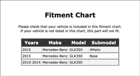 Brake pad wear sensor fitment chart for Mercedes-Benz GLK350; lists 2010–2015 models (2015 4Matic/Base).