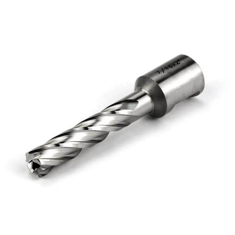 Fast Seven Sixteen Inch HSS Annular Cutter With Two Inch Cutting Depth And Three Quarter Inch Weldon Shank Two Flats Pilot Pin