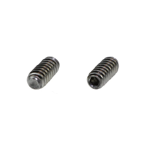Two stainless steel Allen Head hex socket set screws from a 25 pack, cup point grub screws, four forty thread, one quarter inch length.