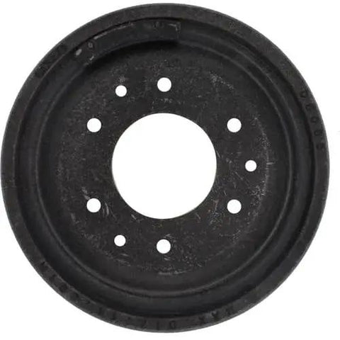 Front view of black steel brake drum with eight lug holes.