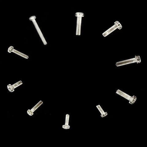 DIY Ready Transparent Polycarbonate Phillips Pan Head Screw Kit, 500 Pcs, M2 To M2.6, screws displayed on black background