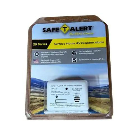 Propane Gas Alarm For RVs And Travel Trailers Surface Mount White 20 Series in packaging, shown from front.